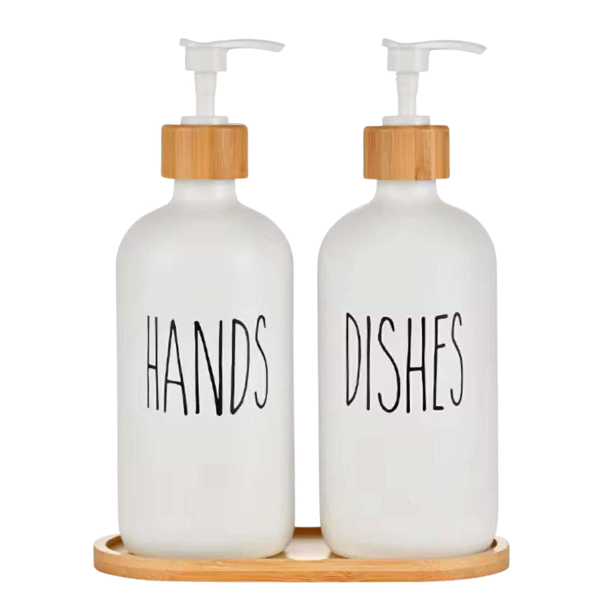 Glass Soap Dispenser Set with Bamboo Tray - For Bathroom and Kitchen, White